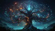 A pulsating, ethereal binary tree creature entwined with shimmering circuit vines, its branches adorned with intricate glowing symbols depicting a mysterious language of the cosmos.