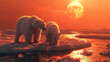 Polar bear family against a sci-fi backdrop with red hues and fantastical moon.