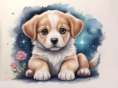 lovely fantastic magical drawing beautiful puppy and kitten 
