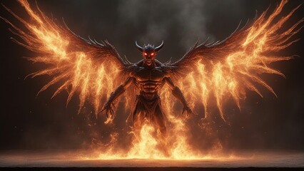 Wall Mural - fire in the dark _A demon with fire wings that emits sparks and smoke 