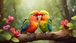 A pair of adorable, vibrant lovebirds in the forest