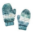 Cozy watercolor mittens with winter patterns isolated on white background.