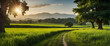for advertisement and banner as Pastoral Peace Illustrate the timeless peace and simplicity of pastoral landscapes. in Fresh Landscape theme ,Full depth of field, high quality ,include copy space on l