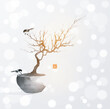 Ink painting with little birds sitting on bonsai tree on white shimmering background. Traditional oriental ink painting sumi-e, u-sin, go-hua. Translation of hieroglyph - eternity