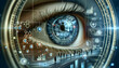 for advertisement and banner as Managerial Oversight An eye overseeing a workflow chart symbolizing managerial control. in Macro close up eye reflection theme ,Full depth of field, high quality ,inclu