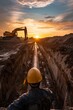 Worker Inspecting Pipeline at Sunset on Construction Site