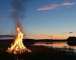 Midsummer bonfire by the lake, night as bright as day, magic afoot