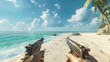 First-person perspective in video game with pistols on a sunny tropical beach with clear blue water and palm trees