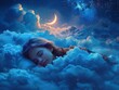 world sleep day. person peacefully sleeping amidst fluffy clouds, with stars twinkling above and a crescent moon casting its gentle glow.