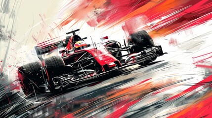 A red race car is speeding down a track. A race car, with the car in the foreground and the background filled with splashes of color. Scene is energetic and exciting