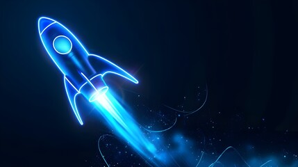 Wall Mural - Digital rockets launch into outer space. Boosting and taking off career concepts. Abstract spaceship in blue on a technological background. blue neon rocket illustration with 3D effect.