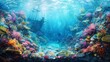A colorful underwater scene with a shipwreck in the middle. The ship is surrounded by a variety of fish and other sea creatures. Scene is peaceful and serene, as the vibrant colors of the coral