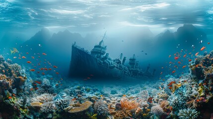 Wall Mural - A shipwreck is in the middle of a coral reef with a large number of fish swimming around it