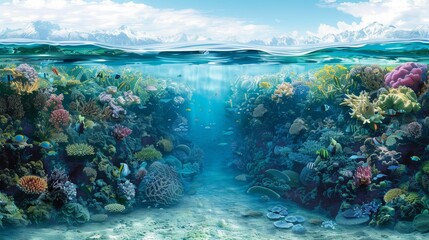 Wall Mural - A beautiful underwater scene with a variety of colorful fish swimming in the water. Scene is peaceful and serene, as the fish are swimming in a clear blue ocean