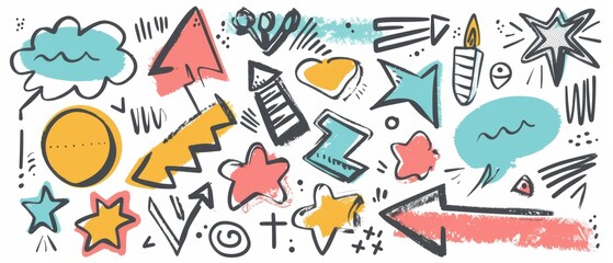 Poster - Modern illustration with arrows, speech bubbles, lines, and glitter pen line elements. Handdrawn brush strokes.