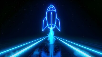 Wall Mural - Digital rockets launch into outer space. Boosting and taking off career concepts. Abstract spaceship in blue on a technological background. blue neon rocket illustration with 3D effect.