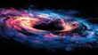 A colorful spiral galaxy with a black hole in the center. The galaxy is filled with stars and nebulae, creating a sense of wonder and awe. The black hole is a reminder of the vastness