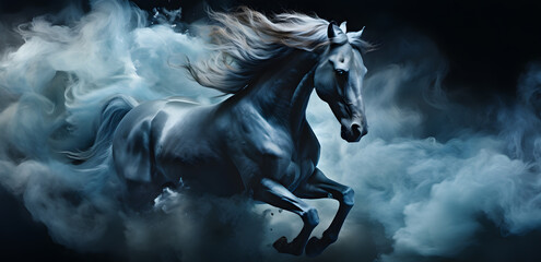 Black horse galloping in white mysterious smoke or fog on black background