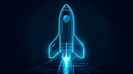 Wall Mural - Digital rockets launch into outer space. Boosting and taking off career concepts. Abstract spaceship in blue on a technological background. blue neon rocket illustration with 3D effect.
