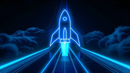 Wall Mural - Digital rockets launch into outer space. Boosting and taking off career concepts. Abstract spaceship in blue on a technological background. blue neon rocket illustration with 3D effect.