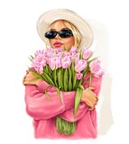 Fototapeta Miasta - Beautiful fashion blond hair woman in hat holding pink tulips. Pretty girl in sunglasses holding flowers. Fashion illustration 