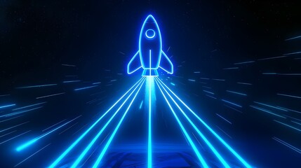 Wall Mural - Digital rockets launch into outer space. Boosting and taking off career concepts. Abstract spaceship in blue on a technological background. blue neon rocket illustration with 3D effect.