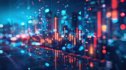 Poster - Defocused blurred cityscape background with candlestick chart investment