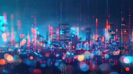 Poster - Defocused blurred cityscape background with candlestick chart investment