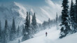 A lone skier makes their way through fresh snow amid a tranquil snowy mountain landscape, evoking the themes of adventure, peace, and winter sports