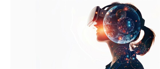 Closeup woman using virtual reality with globe map future digital technology on white background