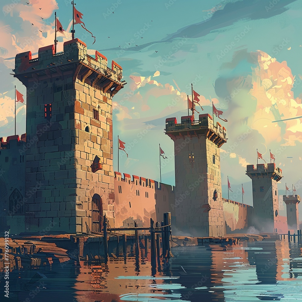 Fortifying Port An illustration of a fortified maritime entrance with towering walls ...