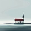 A calming digital painting of a Lutheran church with minimalist design, set against the backdrop of a tranquil sea or lake, capturing the essence of tranquility and natural beauty