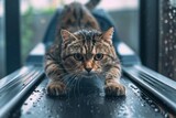 Fototapeta  - Overweight cat panting on the treadmill, beads of sweat dripping from his whiskers as he pushes himself to reach his fitness goals and defy the stereotype of lazy house cats