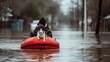 Man moving dogs with boat form flood city