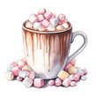 Watercolor illustration of a hot cocoa mug with marshmallows, isolated on white background.