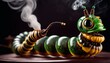 A whimsical steampunk caterpillar sculpture exhales smoke, its metallic and jade elements gleaming under focused lighting.