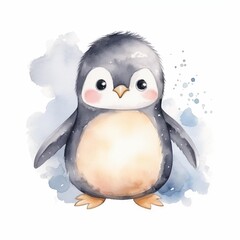  Baby penguin. Cute penguin clipart. Arctic animal. Watercolor illustration. Generative AI. Detailed illustration.