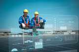 Fototapeta  - Engineers or workers install and inspect solar cells on the roof of the 