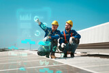 Fototapeta  - Engineers or workers install and inspect solar cell on the roof of the factory.