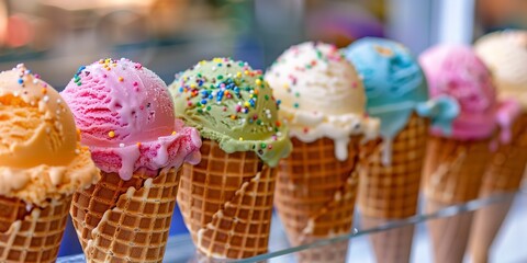 Poster - Ice cream cones, close-up, colorful scoops, cool treat summer frame 