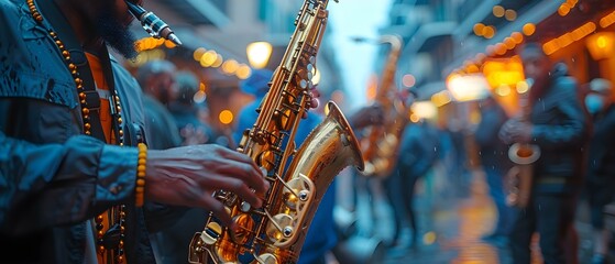 Street Musicians Play Upbeat Jazz Music During Mardi Gras with Saxophones, Trumpets, and Trombones. Concept Mardi Gras, Street Musicians, Jazz Music, Saxophones, Trumpets, Trombones