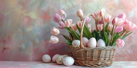 Canvas Print - Easter basket with eggs and tulips, pastel colors, perfect for spring frame 