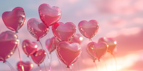 Wall Mural - Heart-shaped balloons against pink sky, dreamy backdrop for Valentine's banner 