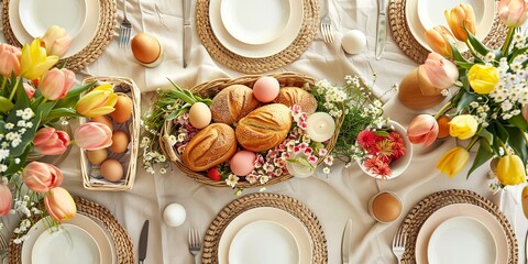 Wall Mural - Easter brunch table setting, top view, family gathering theme for banner 