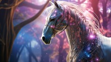 Cybernetic Unicorn, Circuit Patterns, Roaming A Futuristic Forest, Merging Technology With Mystical Nature, Realistic Rendering, Sunlight Filtering Through Trees, Lens Flare Effect