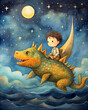 Whimsical baby riding a fantastical creature, starry sky, low angle, soft starlightwhimsical art