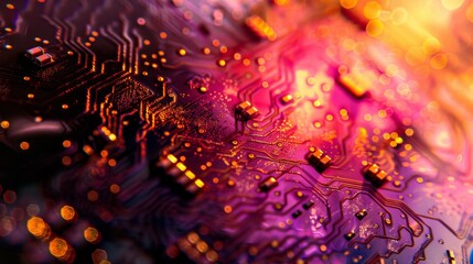 Wall Mural - A close up of a circuit board with a lot of small squares and dots. The image has a bright and colorful feel to it, with the pink and orange tones creating a sense of energy and excitement