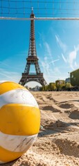 Wall Mural - Yellow volleyball on a sand court with the Eiffel Tower in the background during the day, Paris 2024 Olympic Games concept, 9:16 aspect ratio in high resolution and high quality. sports