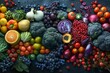 Spectacular array of fruits and veggies, glowing with colors on a jetblack surface, symbolizing organic beauty