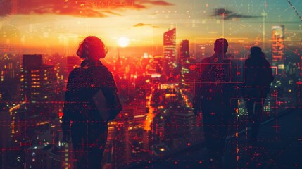 Fototapete - A woman stands in front of a city skyline with a sunset in the background. The city is lit up with lights, and the woman is wearing a backpack